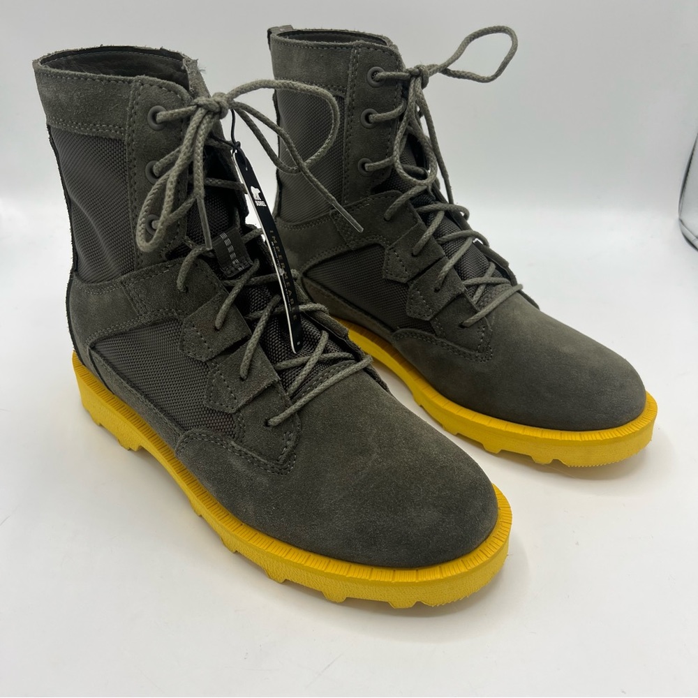 Olive Suede Lace-Up Combat Boots with Yellow Sole